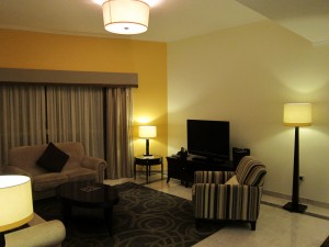 Our hotel suite's living room